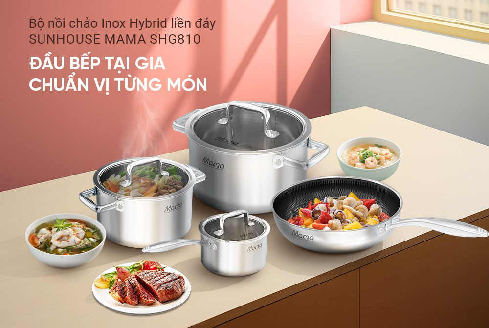 Bộ Nồi Chảo Inox Hybrid Liền Đáy Sunhouse Mama SHG810 hiện đại, bền đẹp, tiện dụng