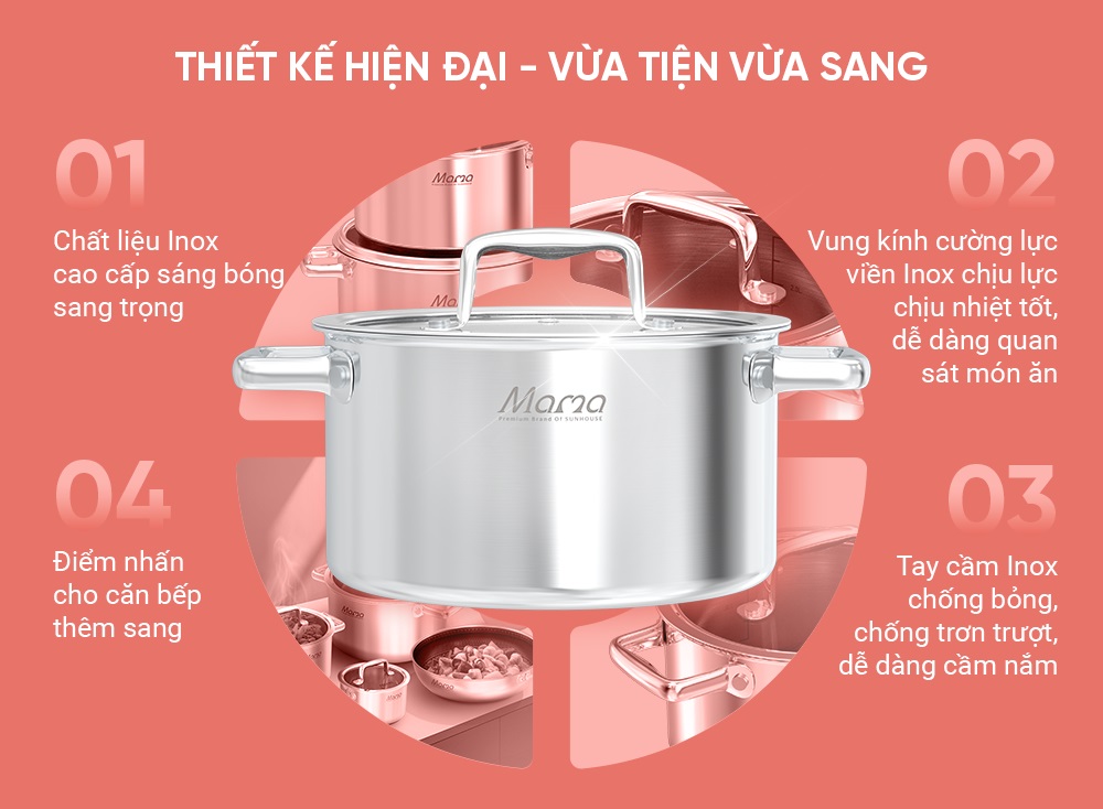 Bộ Nồi Chảo Inox Hybrid Liền Đáy Sunhouse Mama SHG810 vừa sang vừa tiện