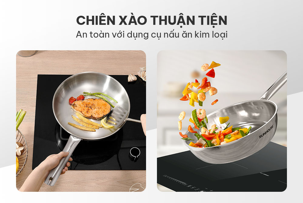 Chảo Inox Đa Lớp Sunhouse IN20M6 an toàn với dụng cụ nấu ăn kim loại