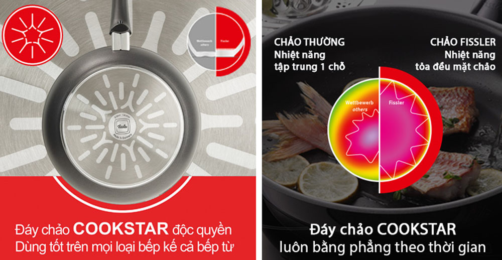 Công nghệ đáy chảo Cookstar giúp đáy chảo luôn phẳng và ổn định 