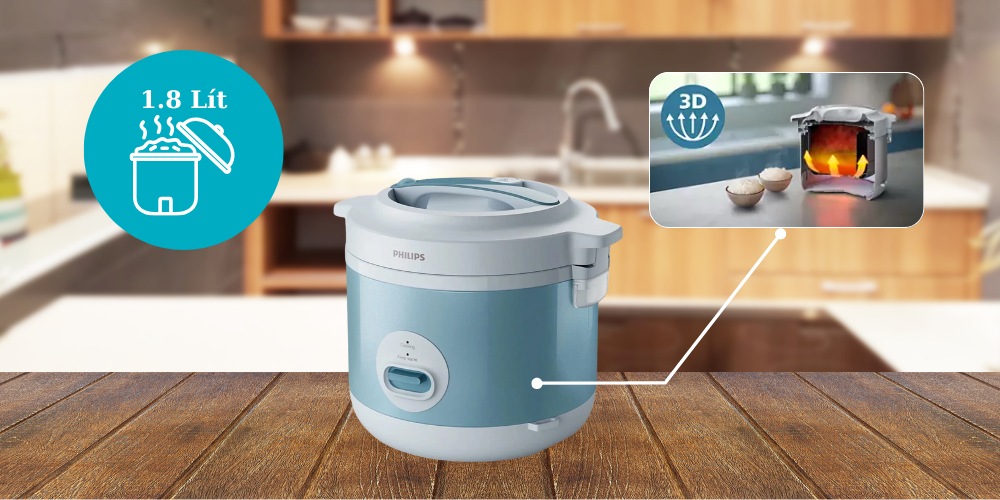 Công nghệ đốt nóng 3D và dung tích 1.8 Lít trên nồi cơm nắp gài Philips HD3008