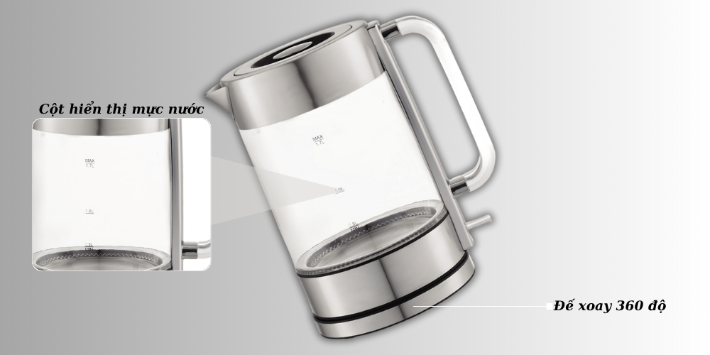 Đế tiếp điện xoay 360 độ, cột hiển thị mực nước với bình đun siêu tốc Simplehome HHB6706