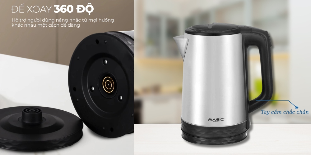 Đế xoay 360° tiện lợi, dễ dàng đặt và nhấc bình đun Magic A-072 từ bất kỳ hướng nào