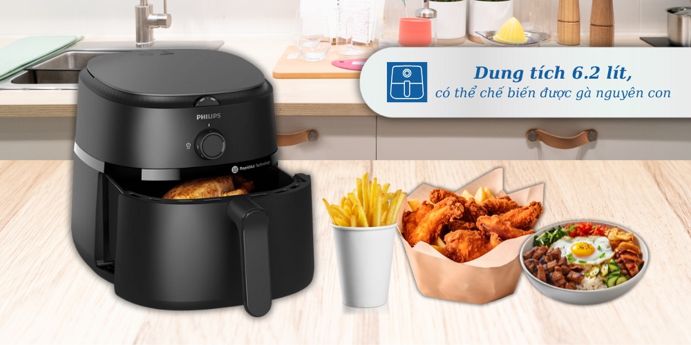 Dung tích 6.2 lít, lòng nồi chiên không dầu Philips NA130/00