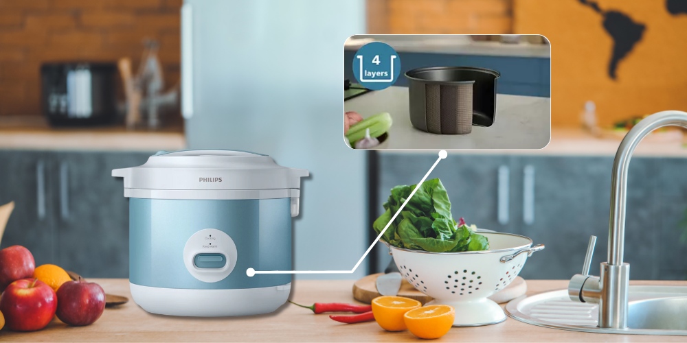 Lòng nồi cơm nắp gài Philips HD3008 nhôm 4 lớp với lớp phủ chống dính bền lâu