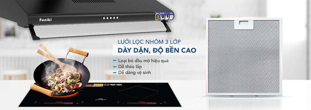 Lưới lọc nhôm 3 lớp dễ dàng tháo lắp, vệ sinh khi sử dụng 