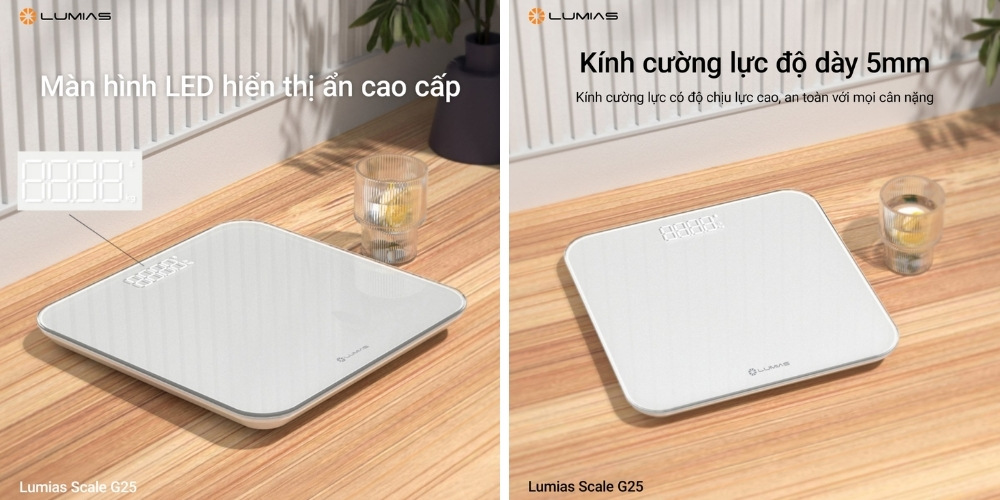 Màn hình LED ẩn và mặt kính cường lực trên cân Lumias Scale G25