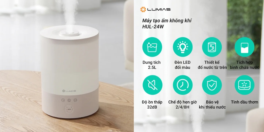Máy Tạo Ẩm Phun Sương Lumias HUL-24W thiết kế hình trụ, hiện đại