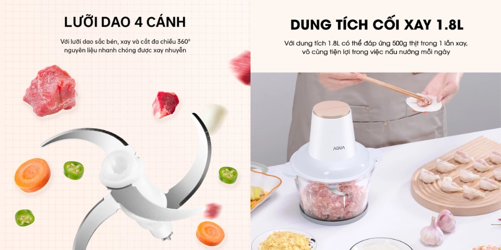 Máy Xay Thịt AQS-GGS201R(W)-VN có lưỡi dao 2 tầng 4 cánh và cối thủy tinh