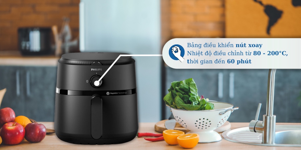 Nồi Chiên Không Dầu Philips NA130/00 trang bị bảng điều khiển nút xoay