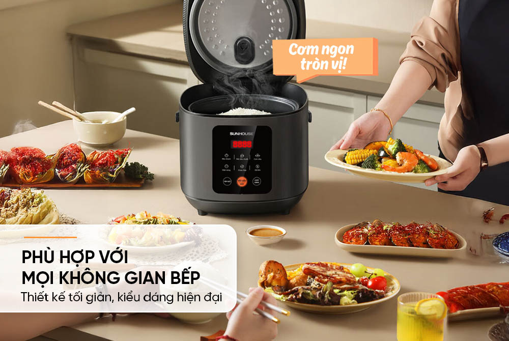 Nồi Cơm Điện Tử Sunhouse SHD8825 thiết kế tối giản, hiện đại