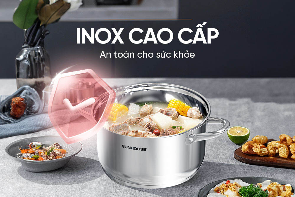 Nồi Inox 3 Đáy Sunhouse SHG301-16 có thân inox đảm bảo an toàn