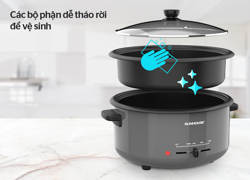 Nồi lẩu điện Sunhouse được thiết kế vệ sinh dễ dàng