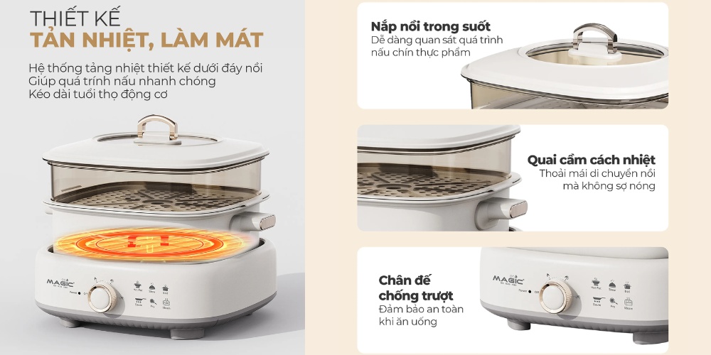 Nồi lẩu hấp Magic Eco AC-281 với thiết kế tản nhiệt, thông minh