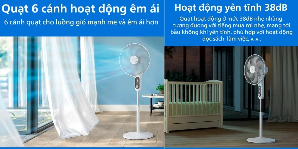 Quạt Đứng Philips CX1220/00 có 6 cánh hoạt động êm ái với độ ồn thấp 38 dB
