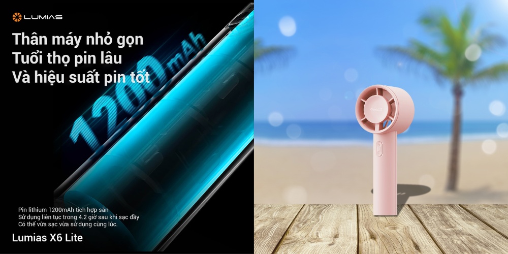 Quạt Lumias X6 LITE tích hợp sẵn viên pin Lithium 1200mAh