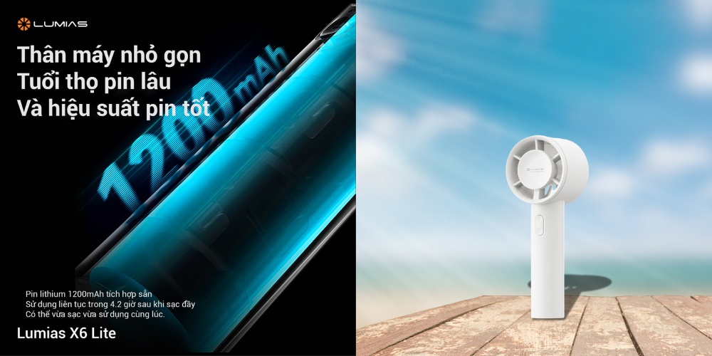 Quạt Tích Điện Lumias X6 LITE Màu Trắng tích hợp sẵn viên pin Lithium 1200mAh