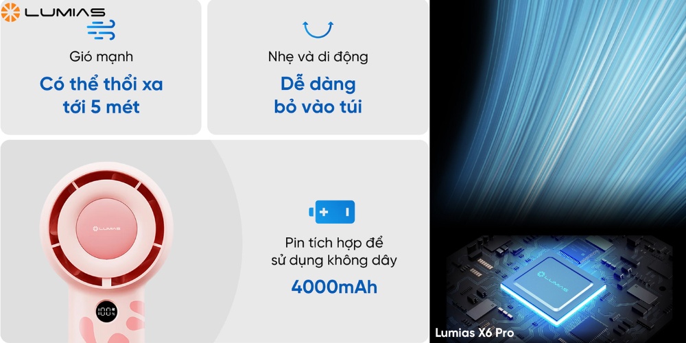 Quạt Tích Điện Lumias X6 PRO thổi xa tới 5 mét