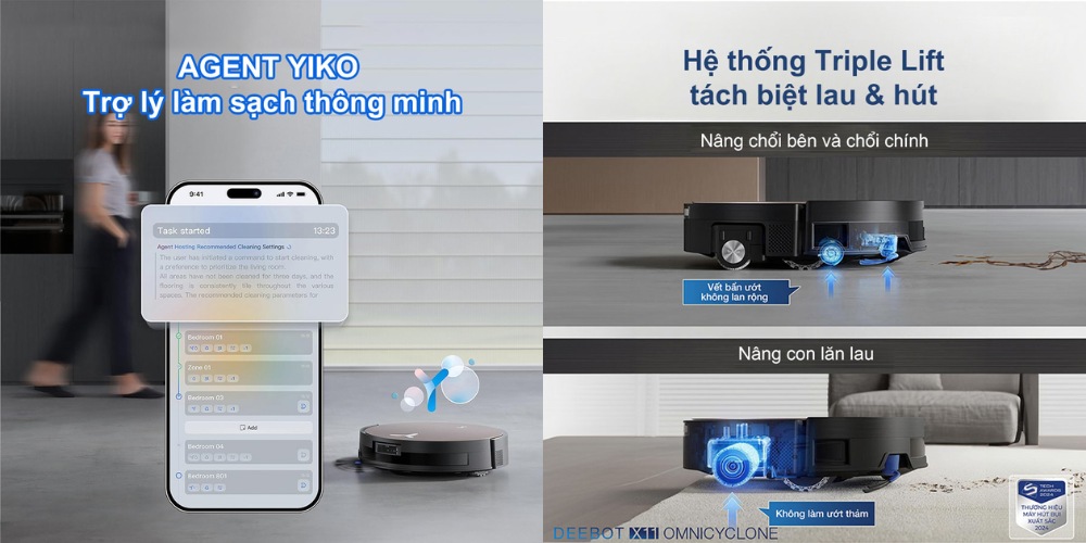 Trợ lý làm sạch thông minh Agent Yiko, hệ thống Triple Lift tách biệt lau và hút