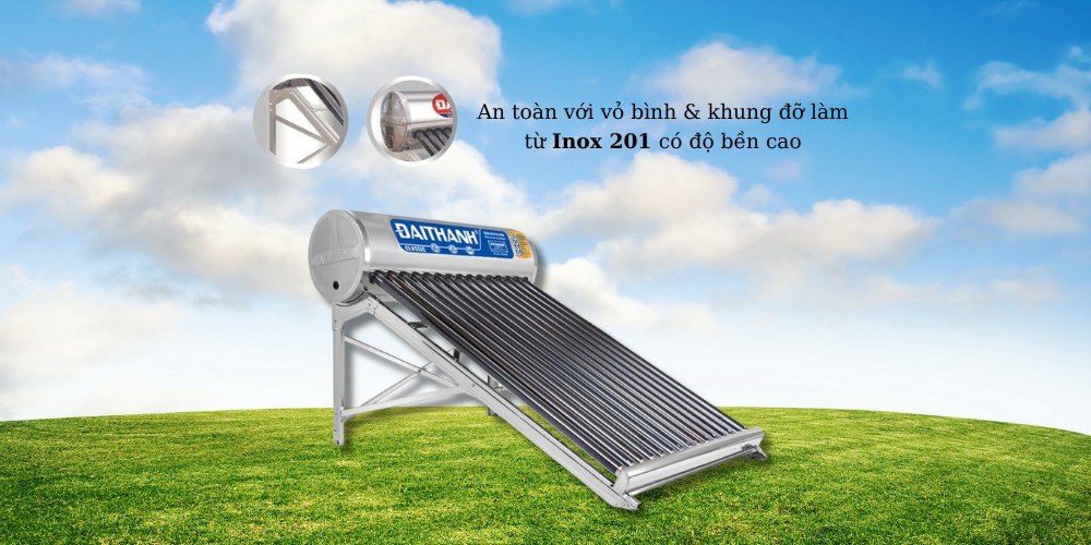 Vỏ bình và khung đỡ Inox 201 chắc chắn, bền bỉ với thời tiết
