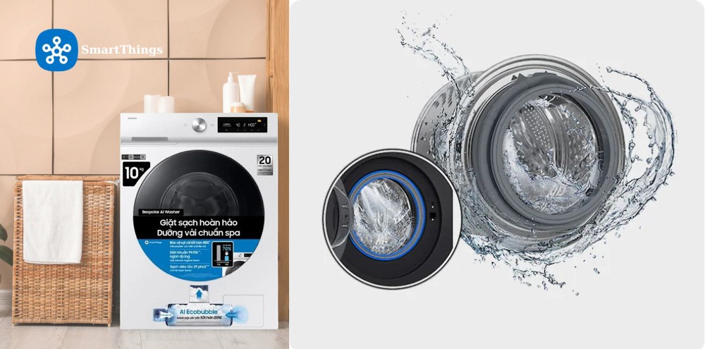 Chế độ vệ sinh lồng giặt+, kết nối ứng dụng SmartThings trên Samsung WW10DB7U34GWSV