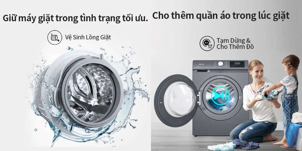 Chu trình vệ sinh lồng giặt và thêm đồ trong khi giặt trên Máy Giặt Hisense WF105N1