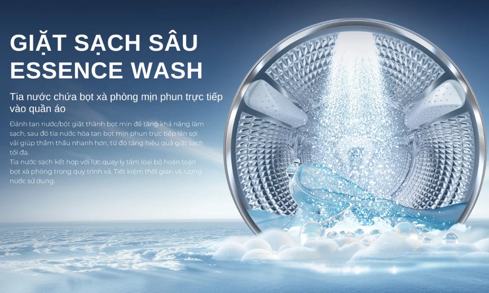 Công nghệ giặt sạch sâu đánh bọt Essence Wash trên Máy giặt Aqua AW10-B4377U1L(GN)
