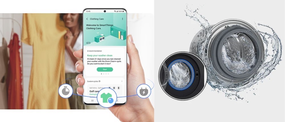Kết nối ứng dụng SmartThings, vệ sinh lồng giặt+ của Samsung WW10DB7U34GBSV