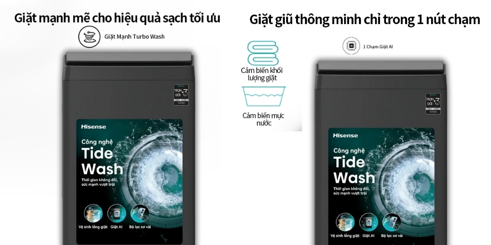 Giặt mạnh Turbo Wash và 1 chạm giặt AI trên máy giặt Hisense WT150F50