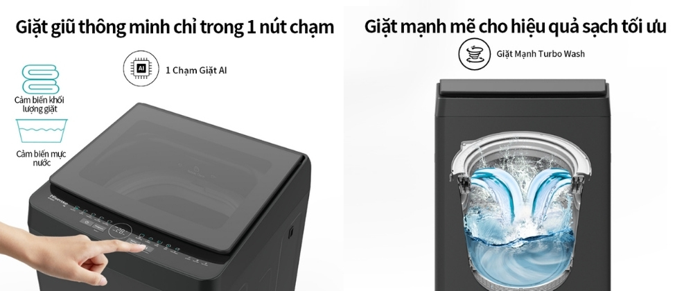 Máy Giặt Hisense WT105F50 có 1 chạm giặt AI và giặt mạnh Turbo Wash