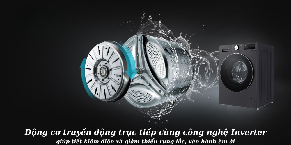 Máy giặt LG FX1412N5G giúp tiết kiệm điện và giảm thiểu rung lắc, vận hành êm ái
