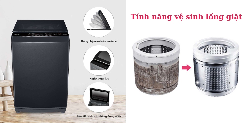 Máy giặt Toshiba cửa trên nắp máy trợ lực chống kẹt tay, vệ sinh lồng giặt
