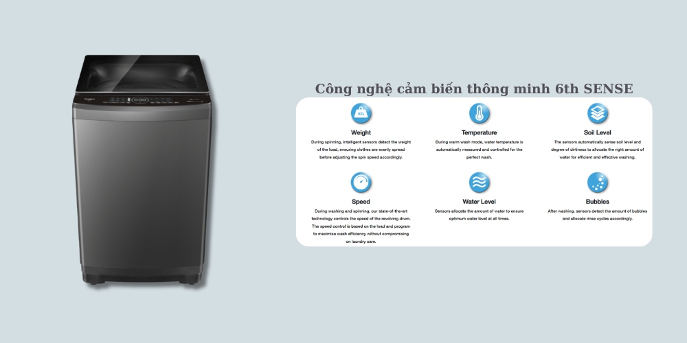 Máy giặt Whirlpool cửa trên với công nghệ cảm biến thông minh 6th SENSE