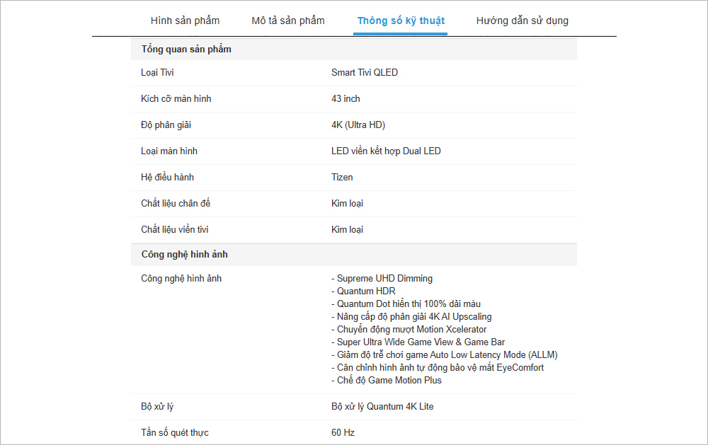Thông số kỹ thuật tivi