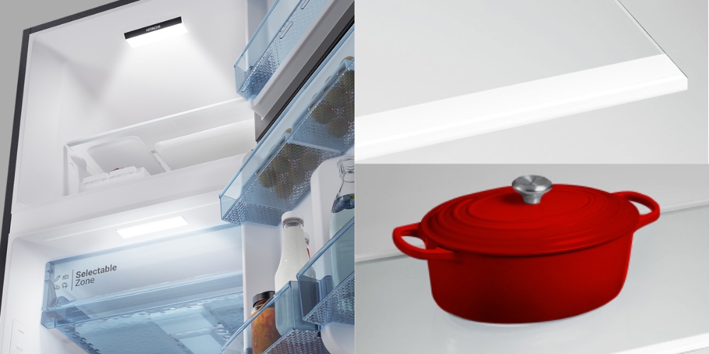 Đèn LED và khay kính chịu lực của tủ lạnh Hitachi HRTN6379SGBKVN