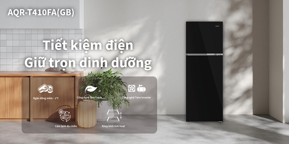 Tủ Lạnh Aqua Inverter 347 Lít AQR-T410FA(GB) ngăn đá trên, mặt gương sang trọng