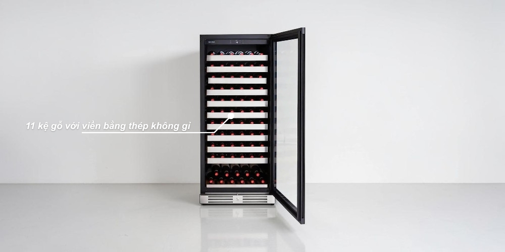 Kệ gỗ cao cấp kết hợp viền thép không gỉ tạo điểm nhấn hiện đại