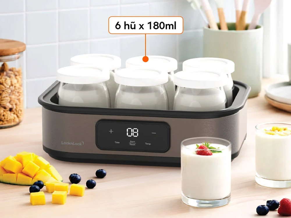 Máy Làm Sữa Chua LocknLock Digital EJY213GRY đi kèm 6 hũ thủy tinh 180ml