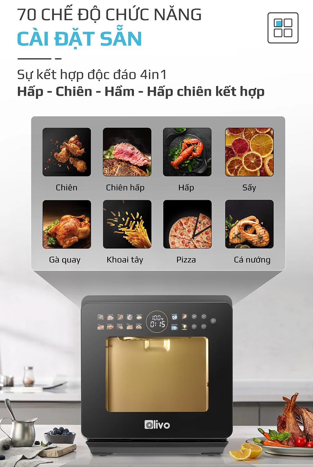 70 chế độ, chức năng cài đặt sẵn nồi chiên hơi nước OLIVO SF1600