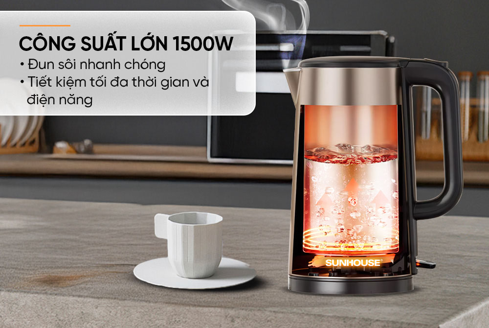 Dung tích 2 lít kết hợp công suất 1500W, đun nước sôi trong vài phút