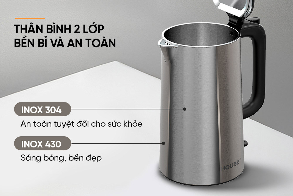 Cấu tạo 2 lớp inox bền bỉ, ruột bình Inox 304 chống gỉ sét