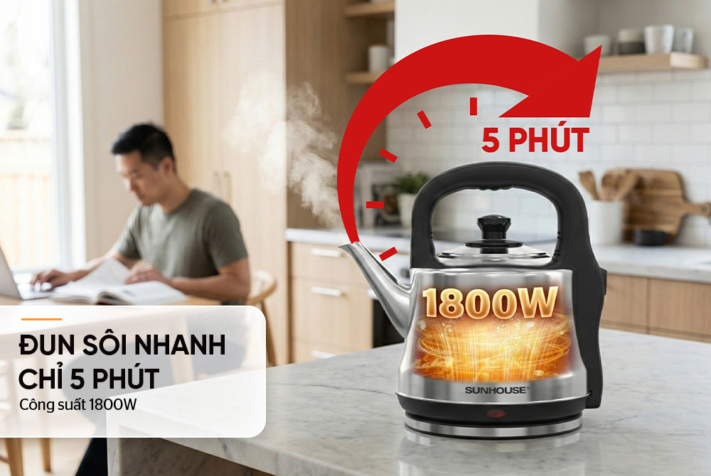 Công suất 1800W hỗ trợ đun nước nhanh chóng, tiết kiệm thời gian