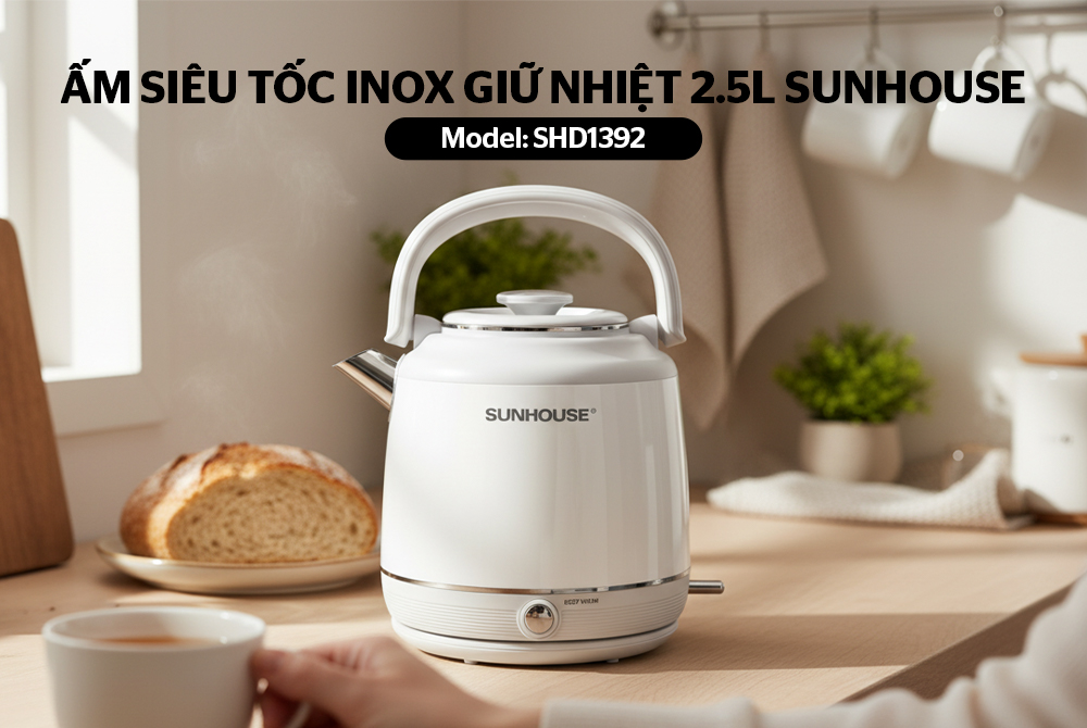 Ấm Siêu Tốc Inox Giữ Nhiệt 2.5 Lít Sunhouse SHD1392