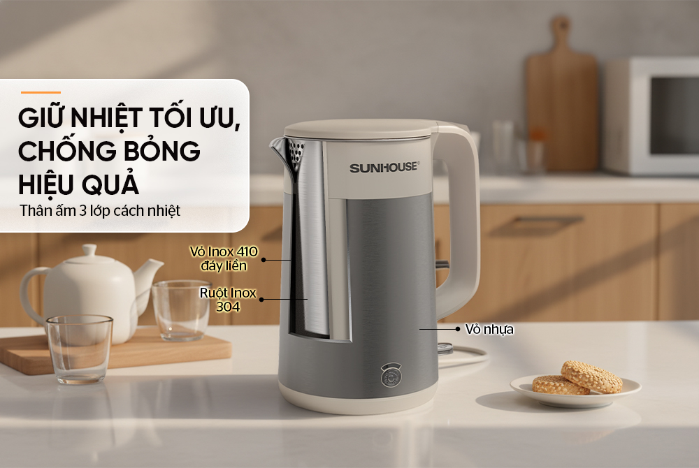 Thân ấm 3 lớp cách nhiệt, giữ nhiệt tối ưu, chống bỏng hiệu quả