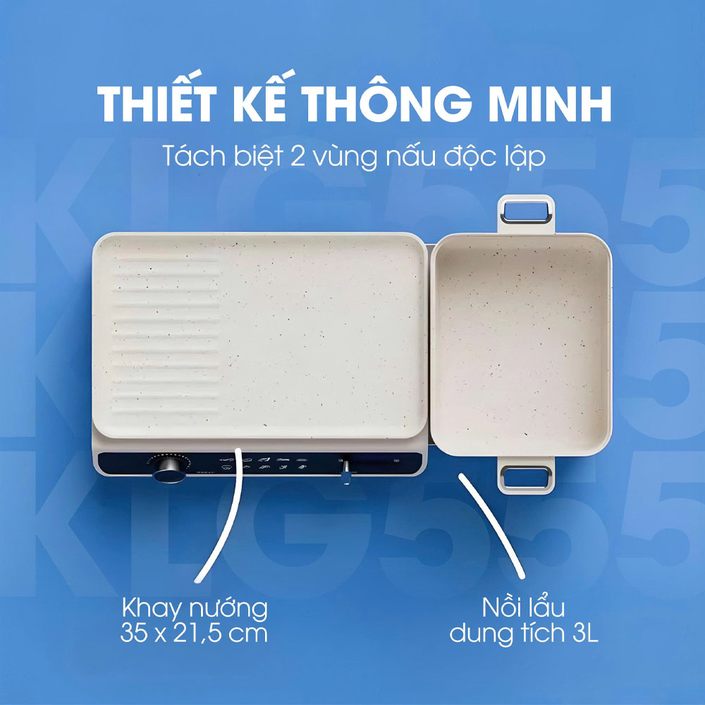 Hai vùng nấu tách biệt hoàn toàn: khay nướng và nồi lẩu dung tích 3 lít