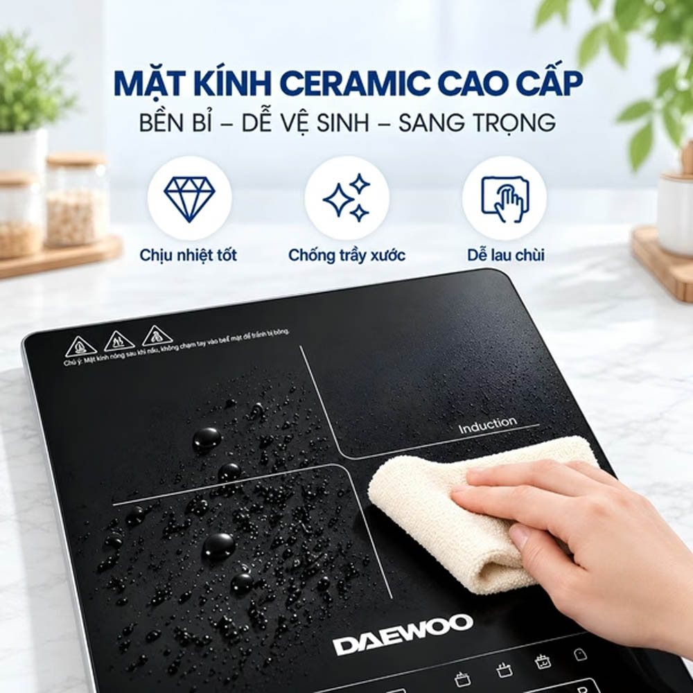 Mặt bếp được chế tác từ kính cường lực cao cấp, chịu nhiệt và chịu lực tốt