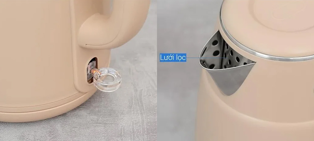 Lưới lọc bã trà và đèn báo hoạt động hỗ trợ theo dõi trạng thái bình đun