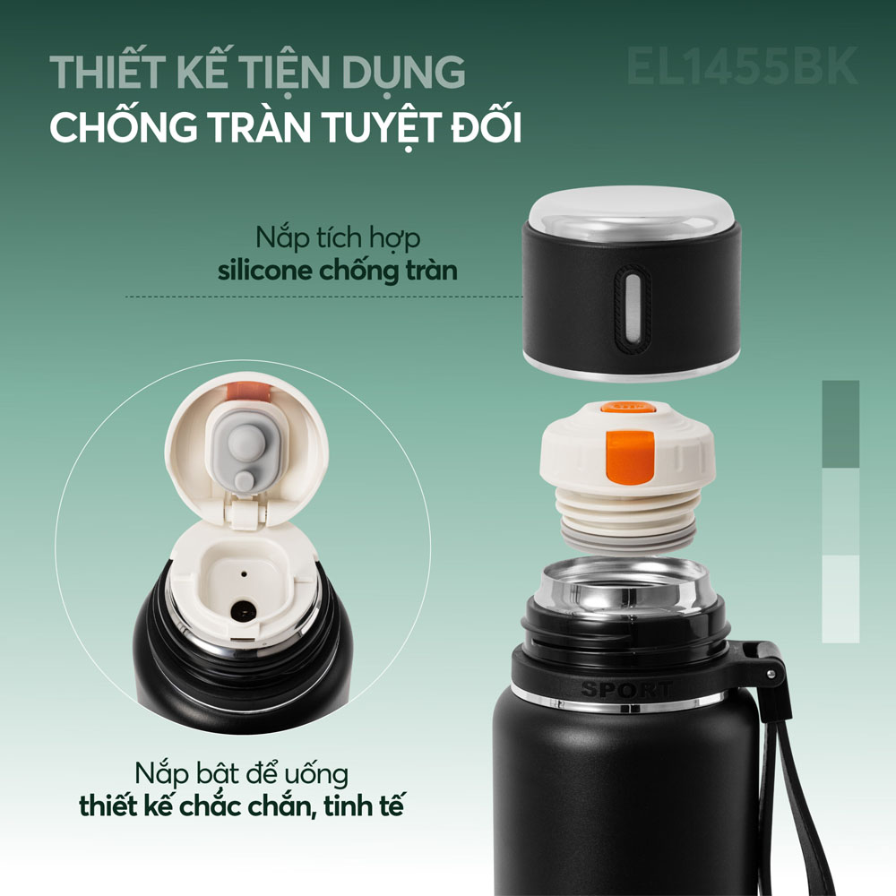 Bình Giữ Nhiệt Inox 304 Elmich EL1455BK chống tràn hiệu quả