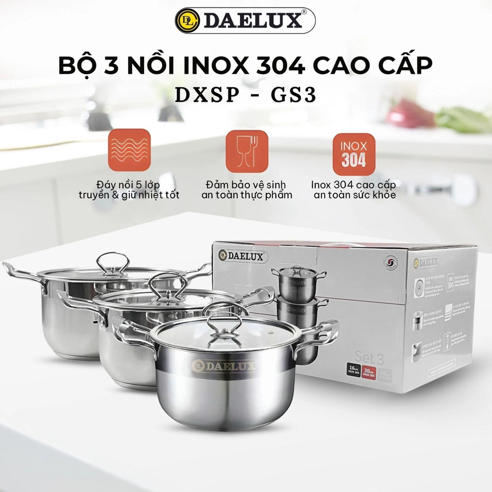 Bộ Nồi Inox 304 Đáy Từ 5 Lớp Daelux DXSP-GS3