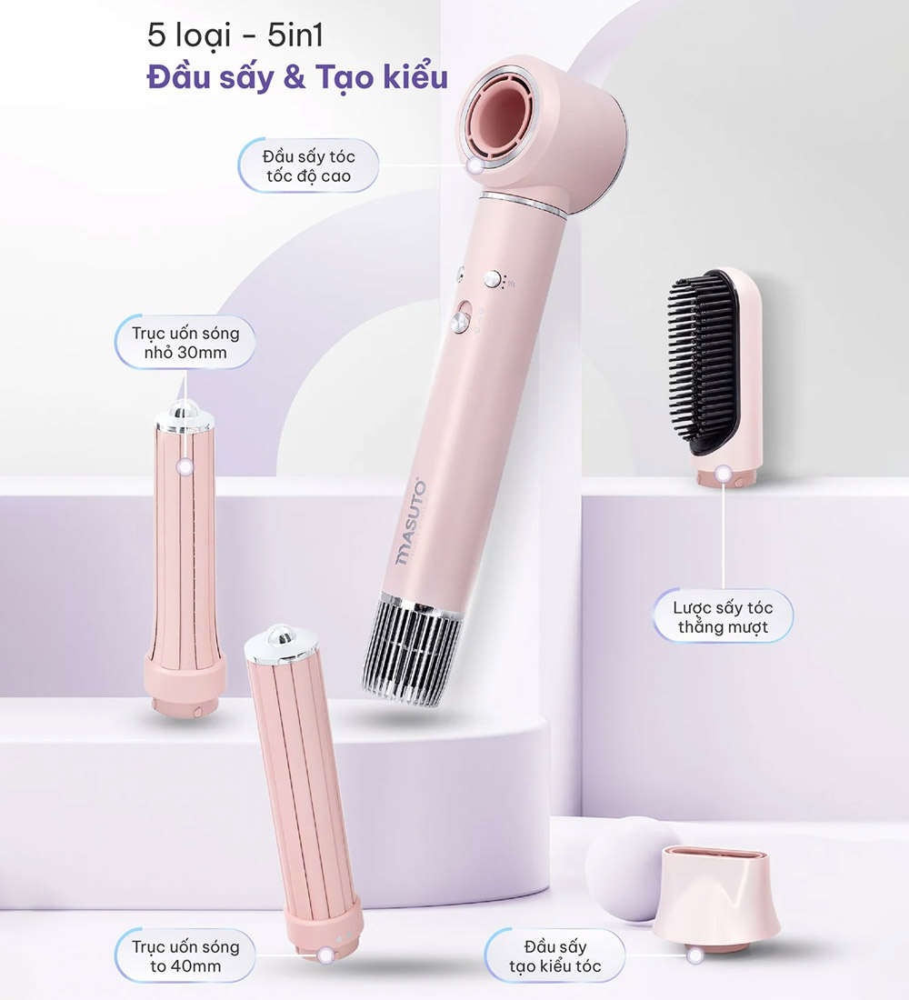 Máy Sấy Tóc Masuto MSBeauty5 đi kèm bộ 5 phụ kiện chuyên biệt
